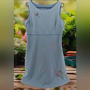 Vintage Y2K 90s Sundress Seersucker Blue White Striped Embroidered Floral Midi